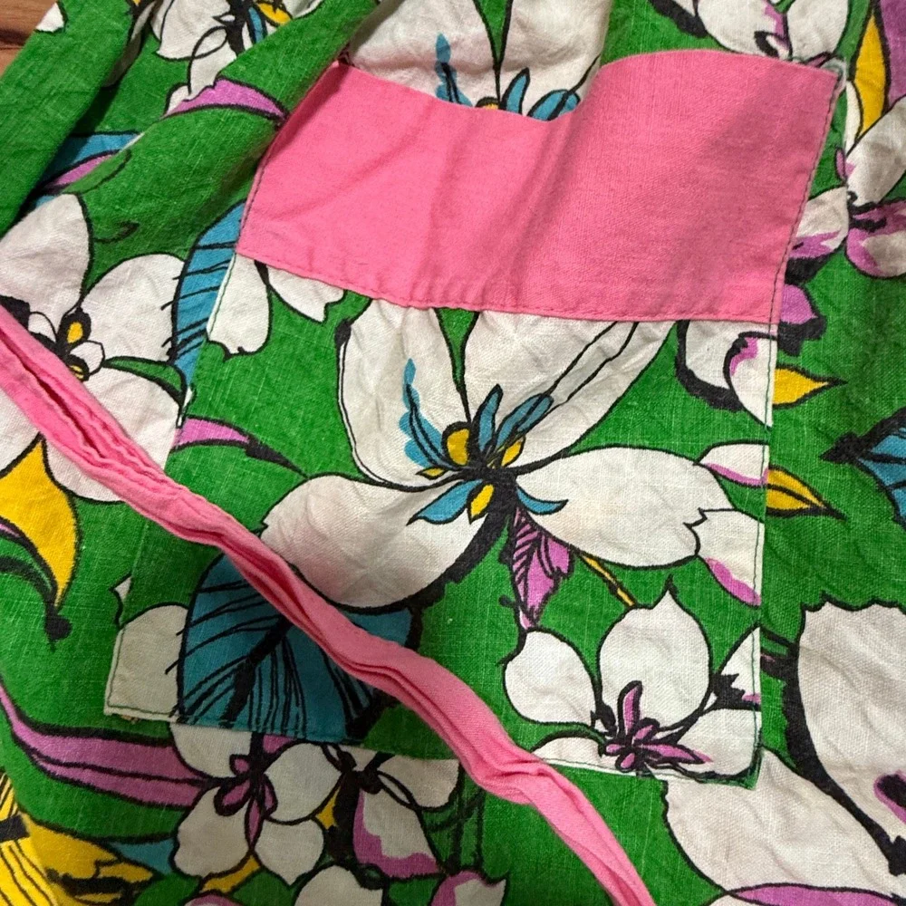 Vintage‎ 1960s Half Apron Womens OS Green Pink Floral Boho MCM Grandmacore